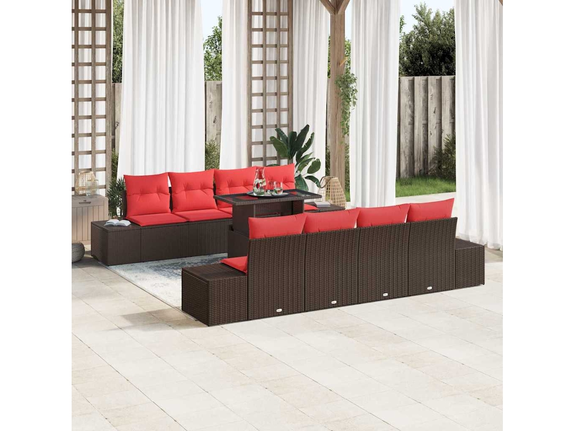 Vidaxl Conjunto De Sofá De Jardim 9 Pcs Marrom E Vermelho Vime Pe
