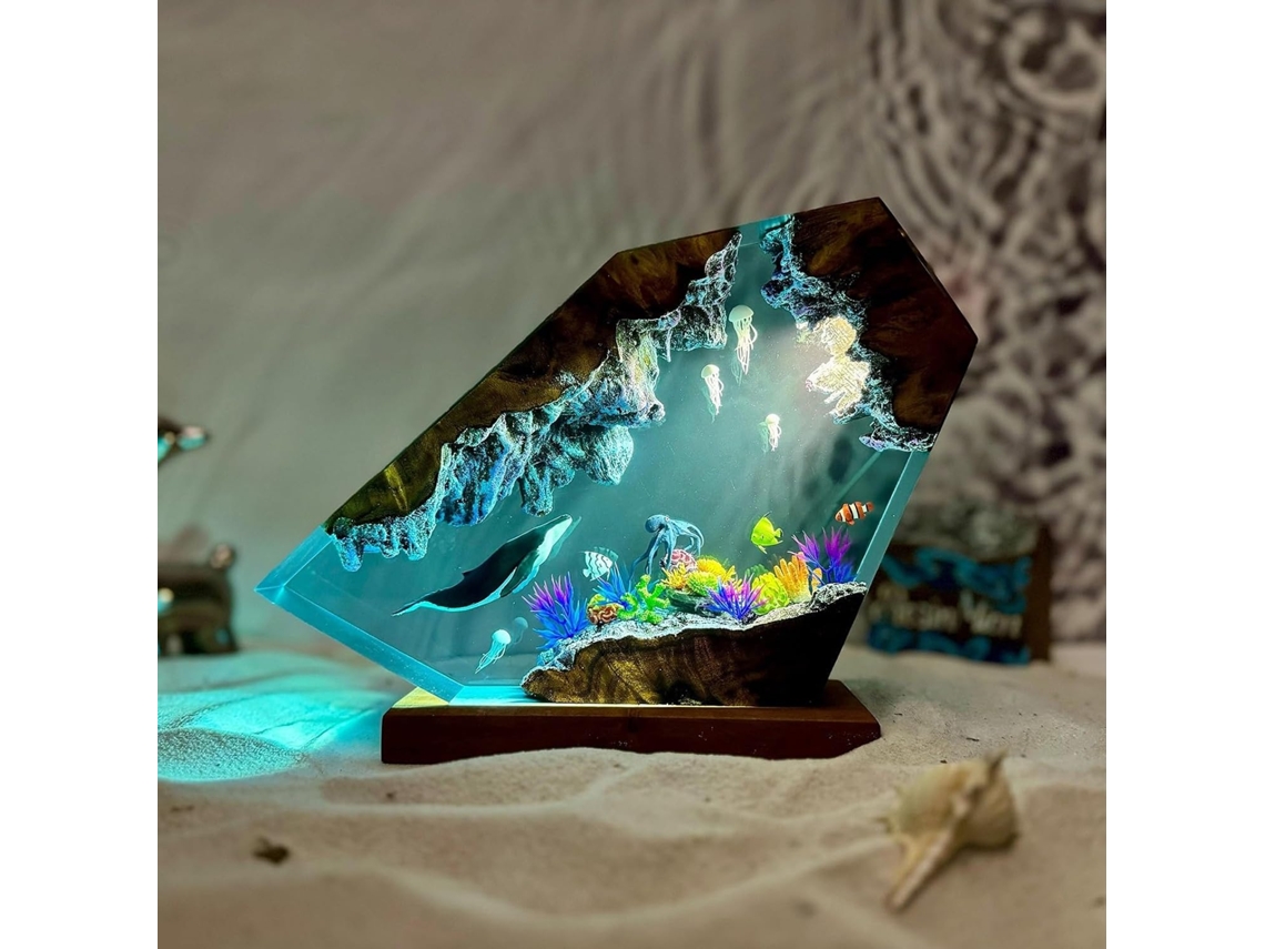 Luminária Noturna Oceano Em Resina Epóxi Com Base De Madeira Leds Cor