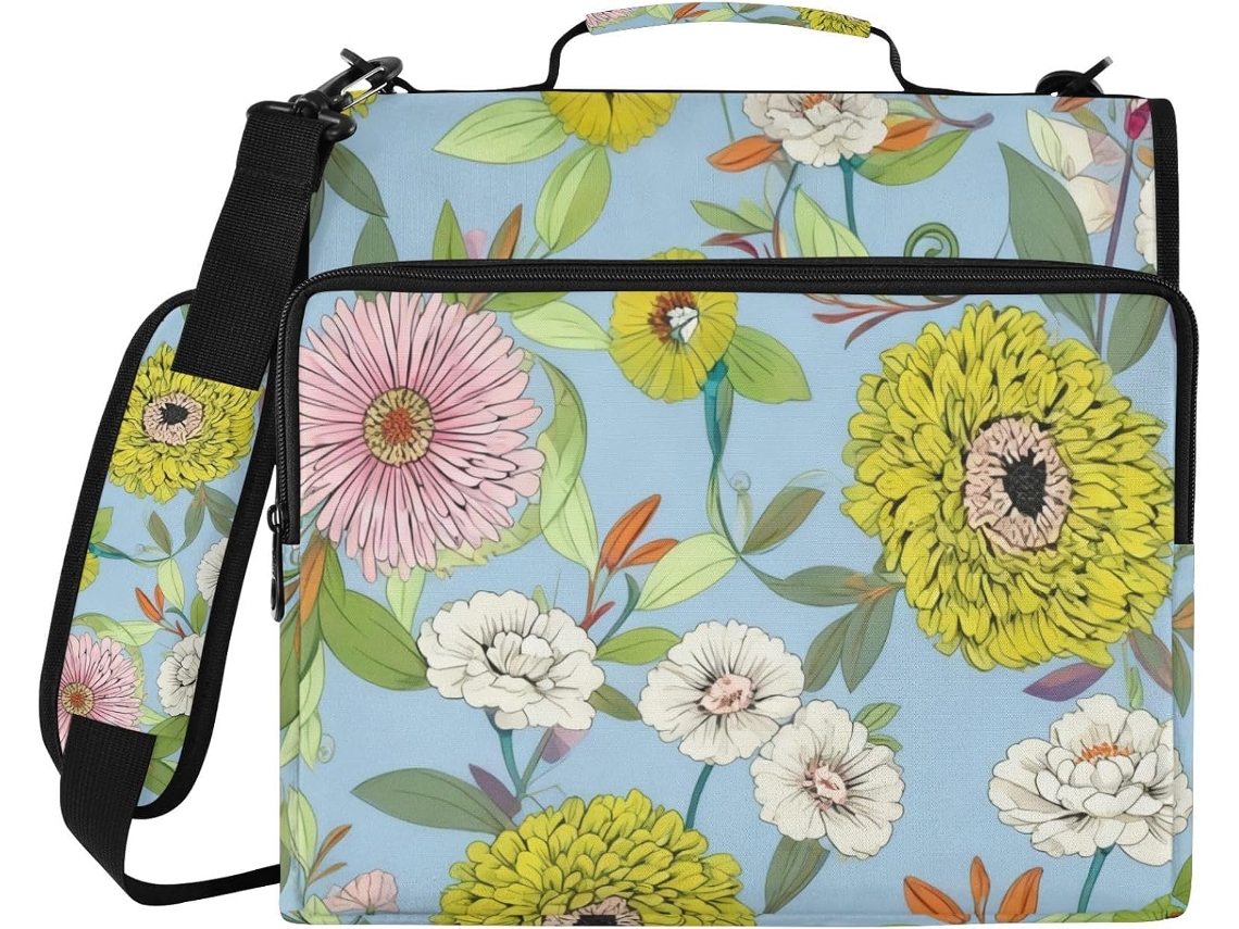 Pasta Elegante Com Estampa De Margaridas, Verde E Rosa, Com 3 Argolas E Alça, Com Vários Bolsos, Organizador De