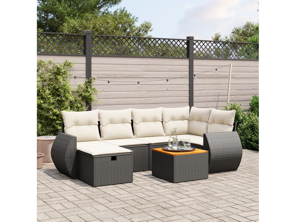 Vidaxl 7 Pcs Conjunto De Sofás P/ Jardim C/ Almofadões Vime Pe Preto
