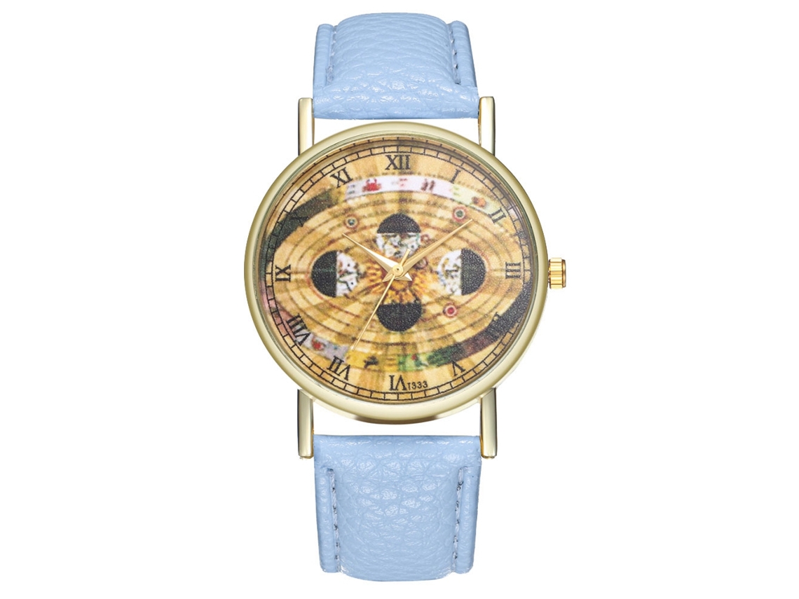 Relógio de pulso de quartzo com pulseira de PU e estampa espacial para mulheres e homens (azul claro)