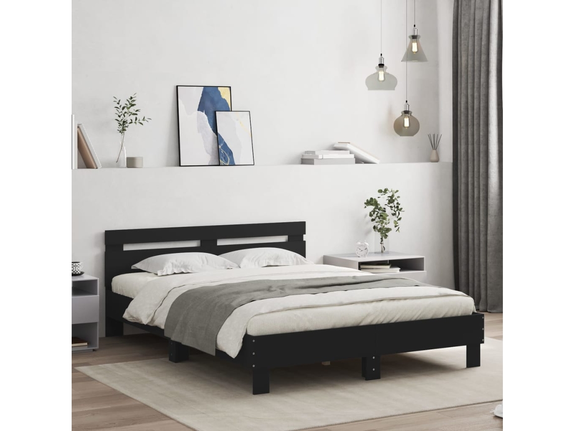Vidaxl Estrutura De Cama Com Cabeceira E Luzes Led 140x190 Cm Preto