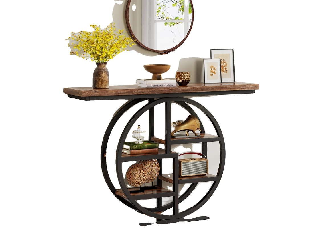Mesa De Console, Design Industrial, Armazenamento Em 6 Camadas, Marrom Rústico