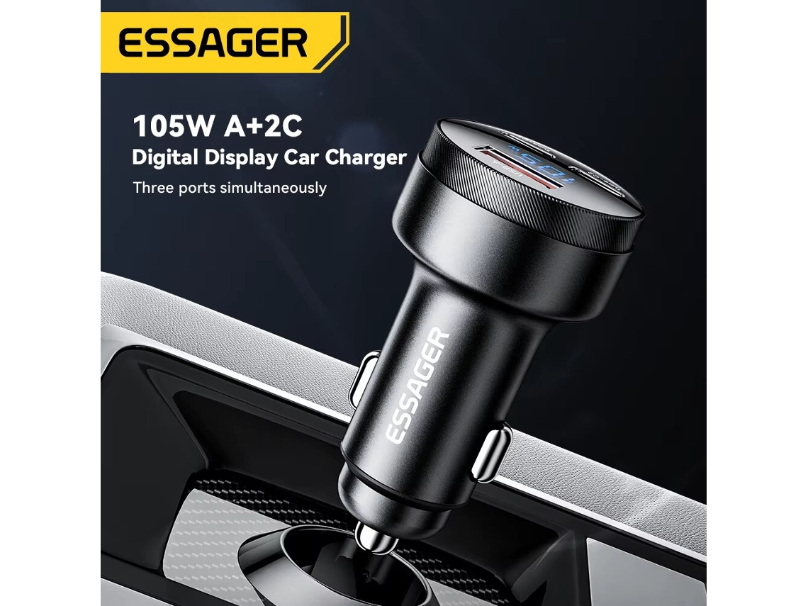 Carregador De Isqueiro Essager Fsj-008 De 105 W Com 3 Portas Usb Pd, Carregamento Rápido Usb-a 2 Usb-c Pd Pps E Led Azul