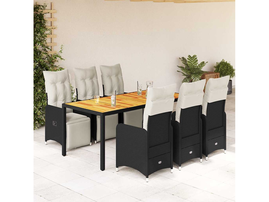 7 Pcs Conjunto De Bistrô P/ Jardim C/ Almofadões Vime Pe Preto Dkd Home Decor