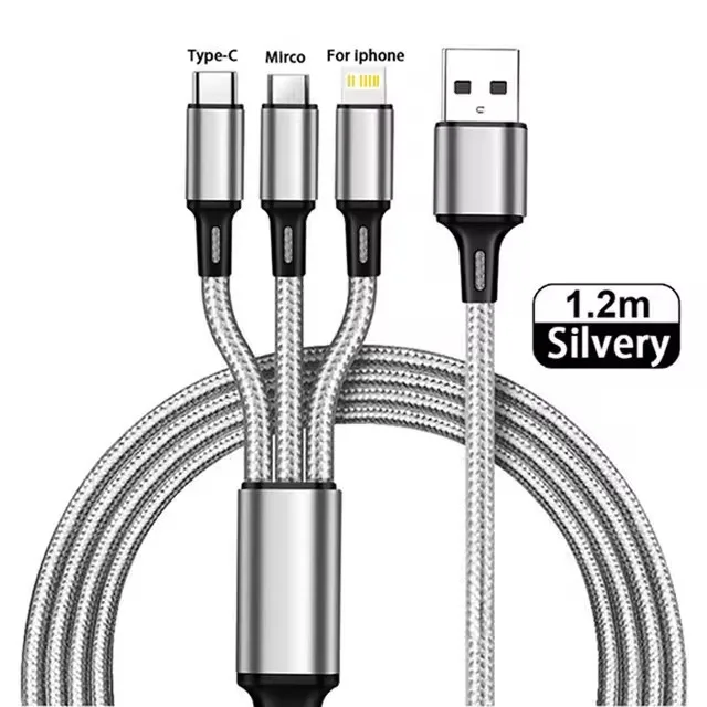 Cabo De Carregamento 3 Em 1 (prateado, 1,2 M) Com Várias Portas Usb, Cabo De Carregamento Tipo C/micro Usb.