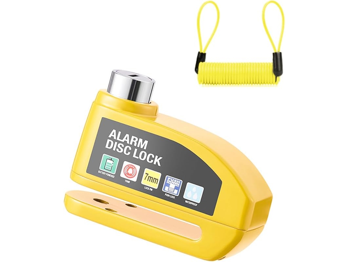 Cadeado de Disco para Moto, Alarme 110db, Cabo de Segurança 1.5m, Amarelo | HEXINYIGJLY | HEXINYIGJLY