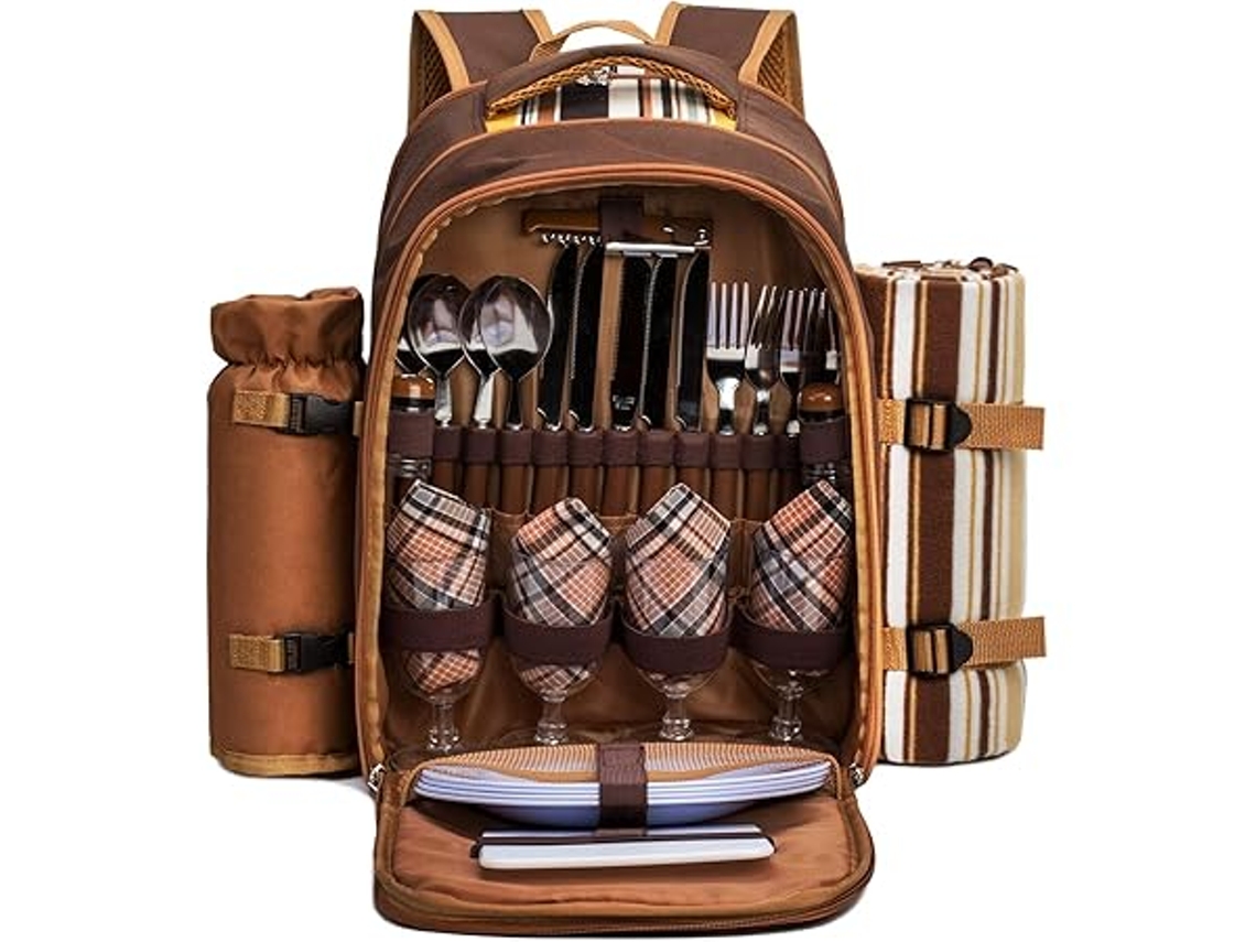 Mochila para Piquenique para Quatro Pessoas, com Manta Polar e Compartimento Térmico, Castanha, Ideal para Atividades Varanda Exterior, Du STELASPLEN