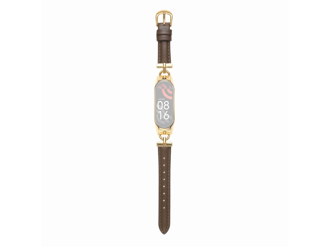 Bracelete de Couro Genuíno Conector em Forma de D Ajustável para Xiaomi Mi Band 3/4 Ouro/Taupe