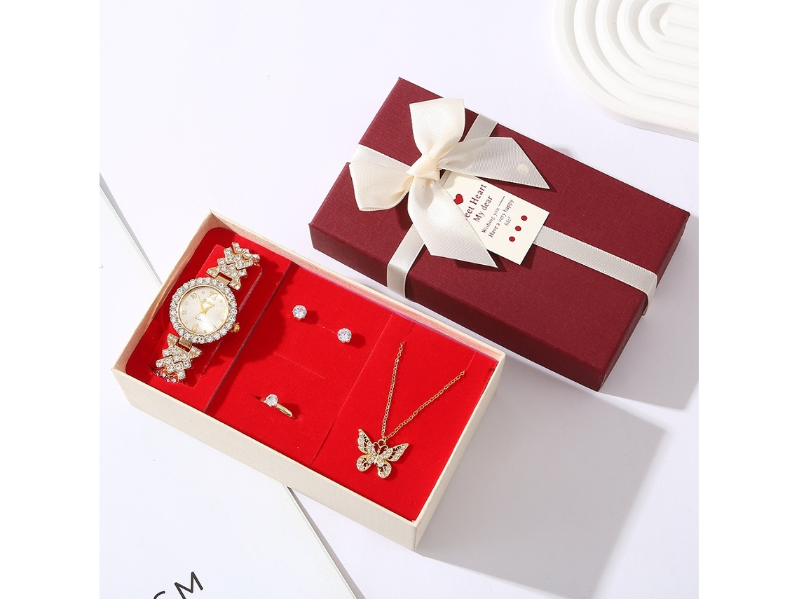 Conjunto de Presente Feminino com Relógio, Brincos, Anel, Colar de Borboleta e Caixas SPQMENT