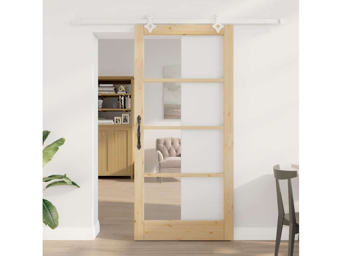 Vidaxl Porta Deslizante 93 X 202 Cm Madeira De Pinho Maciça E Vidro