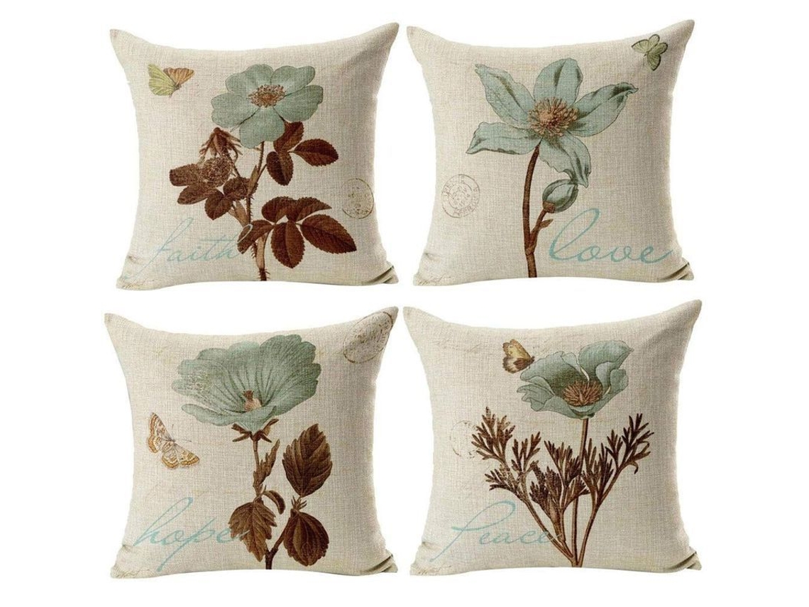 Funda De Almofada, Conjunto De 4, Padrão De Flores Retrô, 45x45 Cm, Algodão Linho, Para Sofá