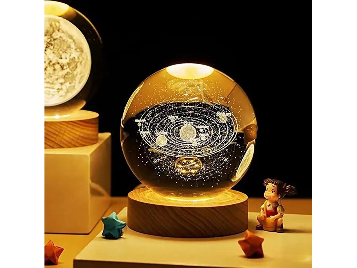 Lâmpada Cristal Galáxia 3d com Base de Madeira