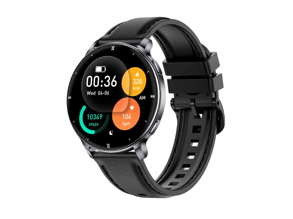 Smartwatch MDUG com Tela Redonda, Chamadas Bluetooth, Monitoramento de Frequência Cardíaca e Sono (couro Preto)