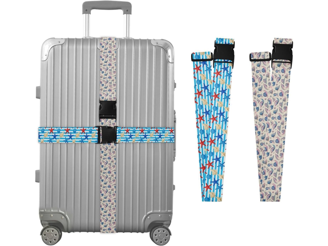 Conjunto De 2 Alças Bagagem Listradas Em Azul E Branco Com Estampa Estrelas Do Mar Conchas Aquarela, Além De Caracóis