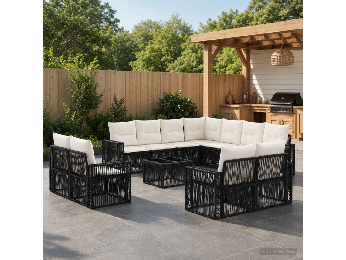 Vidaxl Conjunto De Sofá De Jardim 12 Pcs Preto E Branco Creme Vime Pe