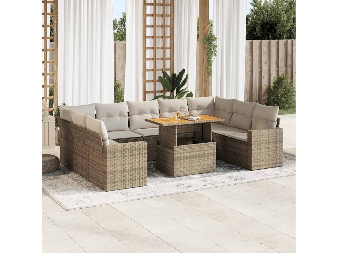 Vidaxl 10 Pcs Conjunto De Sofás P/ Jardim Com Almofadões Vime Pe Bege