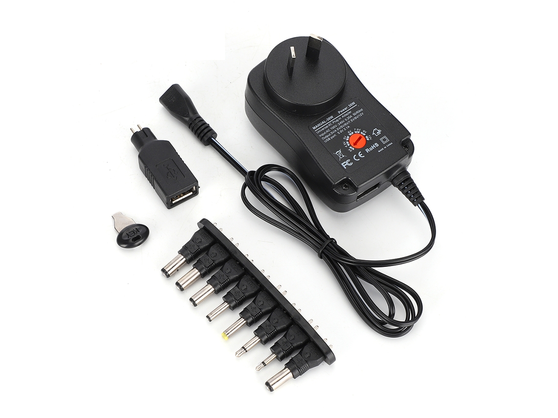 Adaptador de Corriente de 30 W Con Voltaje Ajustable de 3 a 12 V Y 2,1 A, Y 9 Conectores Cc para Led, Portátiles Y Routers.