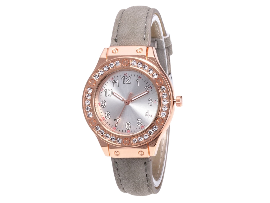 Relógio feminino de quartzo com pulseira de couro PU, mostrador com strass e números (cinza)