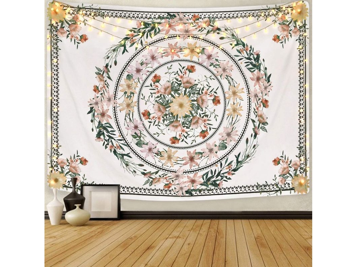 Tapiz Mandala Com Medalhão Floral Desenhado No Estilo Boêmio Para Decoração De Casa
