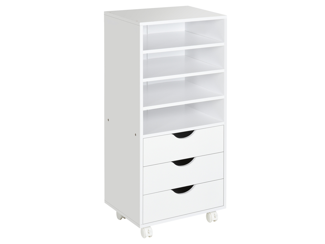 Cômoda de Escritório com 3 Gavetas e 4 Prateleiras Abertas Escrivaninha com Rodas para Escritório 38x40x86,8 Cm Branco Ge
