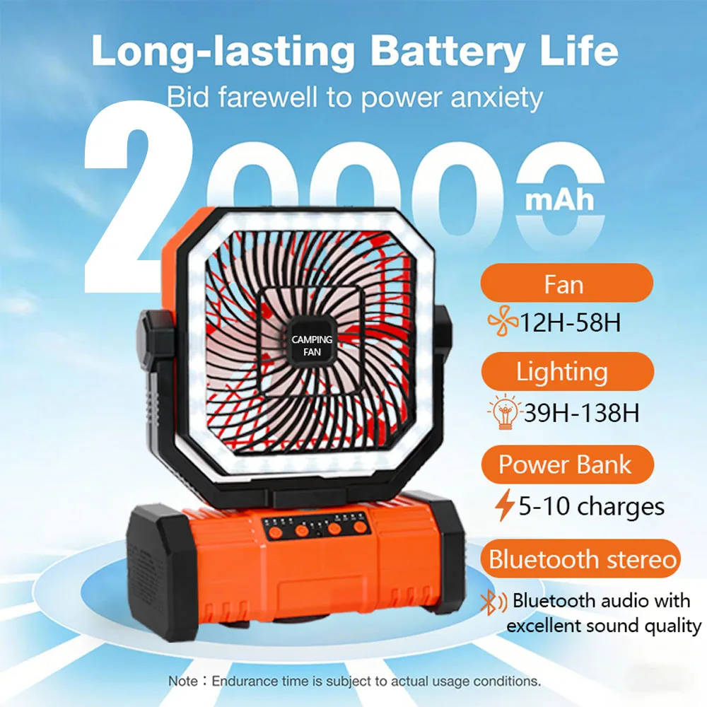 Ventilador De Camping Para Uso Externo (laranja (bluetooth)), Ventilador Recarregável De 20000mah Com Luz Led E Controle Remoto.