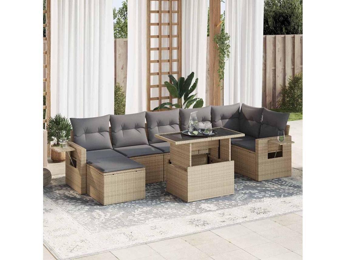 Vidaxl 8 Pcs Conjunto De Sofás P/ Jardim Com Almofadões Vime Pe Bege