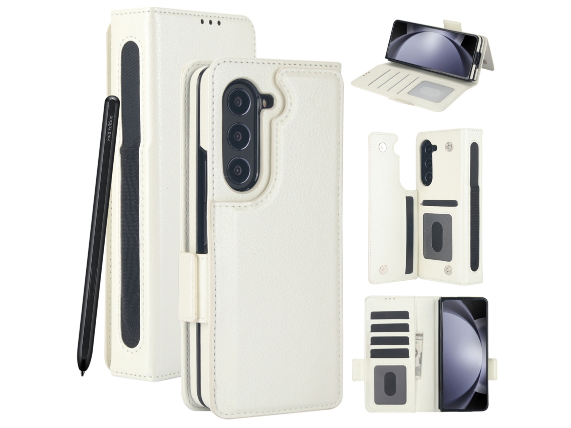 Capa Em Couro Pu Para Samsung Galaxy Z Fold 5 , Com Porta Cartões E Compartimento Para S Pen Branco Panoona
