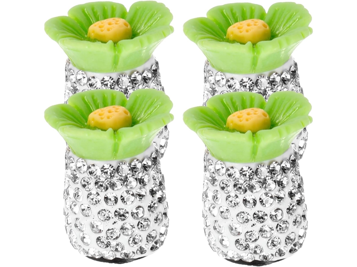 Conjunto de 4 tampas universais para válvulas de pneus, com estampa decorativa de flor em strass.