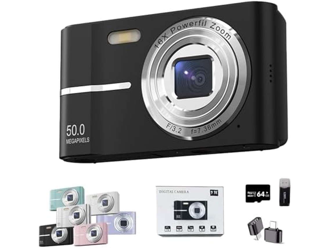 Câmera Digital 4k, Tela Lcd De 2,4 Polegadas, Zoom De 16x, Mini Câmera Compacta, Inclui Cartão De Memória De 64 Gb, Preta, Tommy01