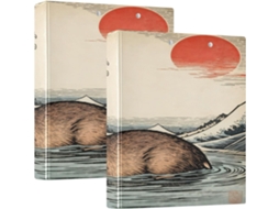 Pasta escolar com estampa de ondas japonesas e marmota azul, pacote com 2 unidades, três anéis, com prancheta, pacote com 1 unidade.