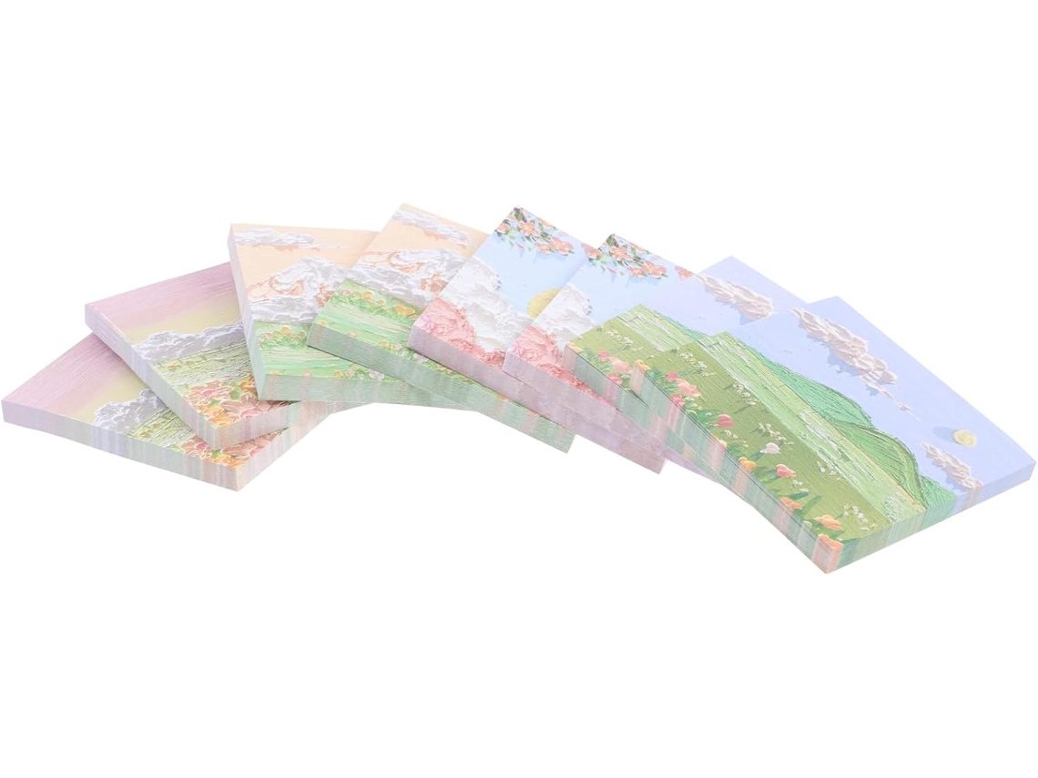 Bloco de notas com estampa de pintura a óleo, caneta e adesivos 3D para papelaria.