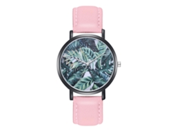 Reloj De Pulsera De Cuarzo Con Correa Pu Hombres Mujeres Dial Redondo Patrón De Hojas Rosa