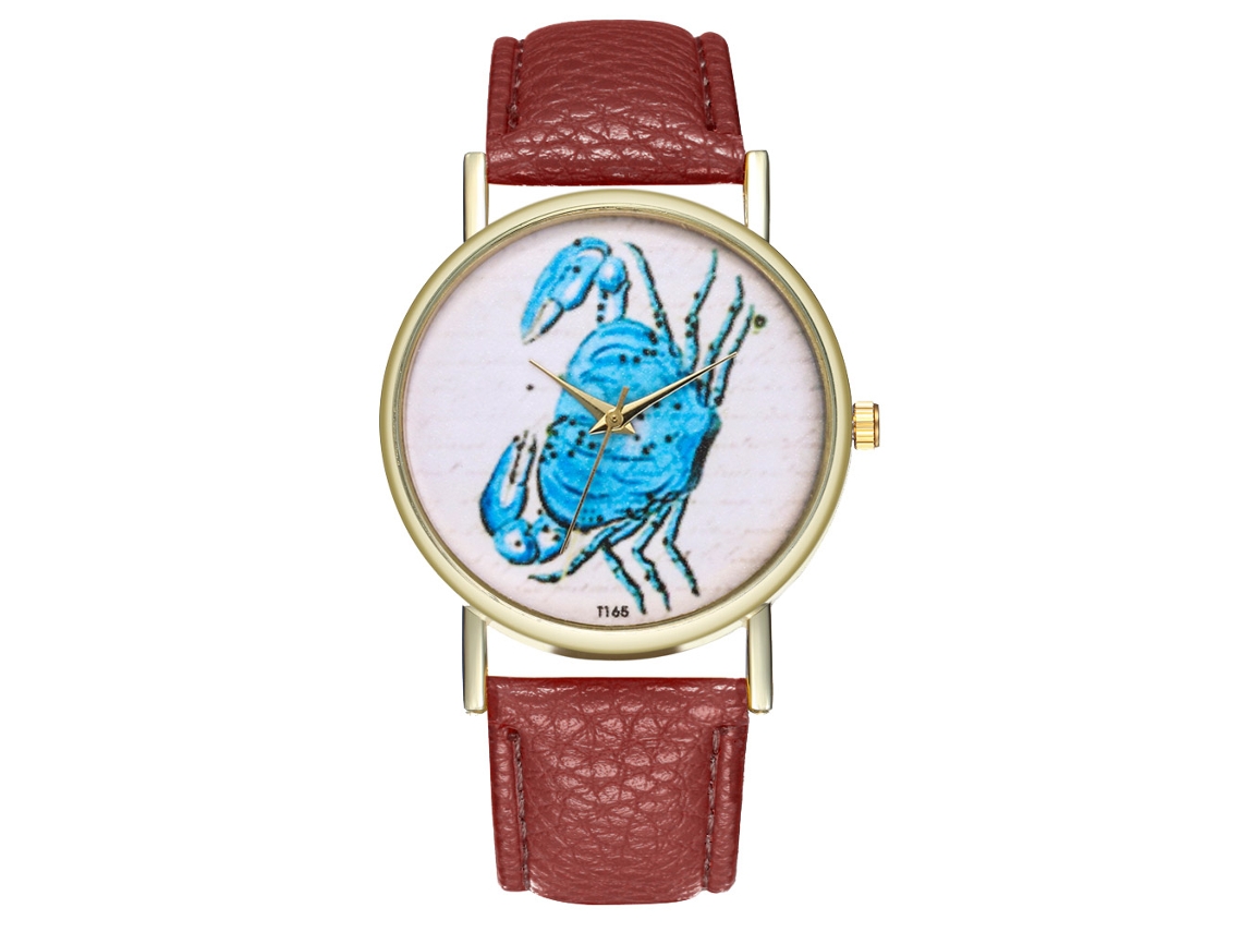 Relógio de pulso de quartzo com pulseira de couro PU, desenho de caranguejo, estilo simples e moderno T165-a cor café