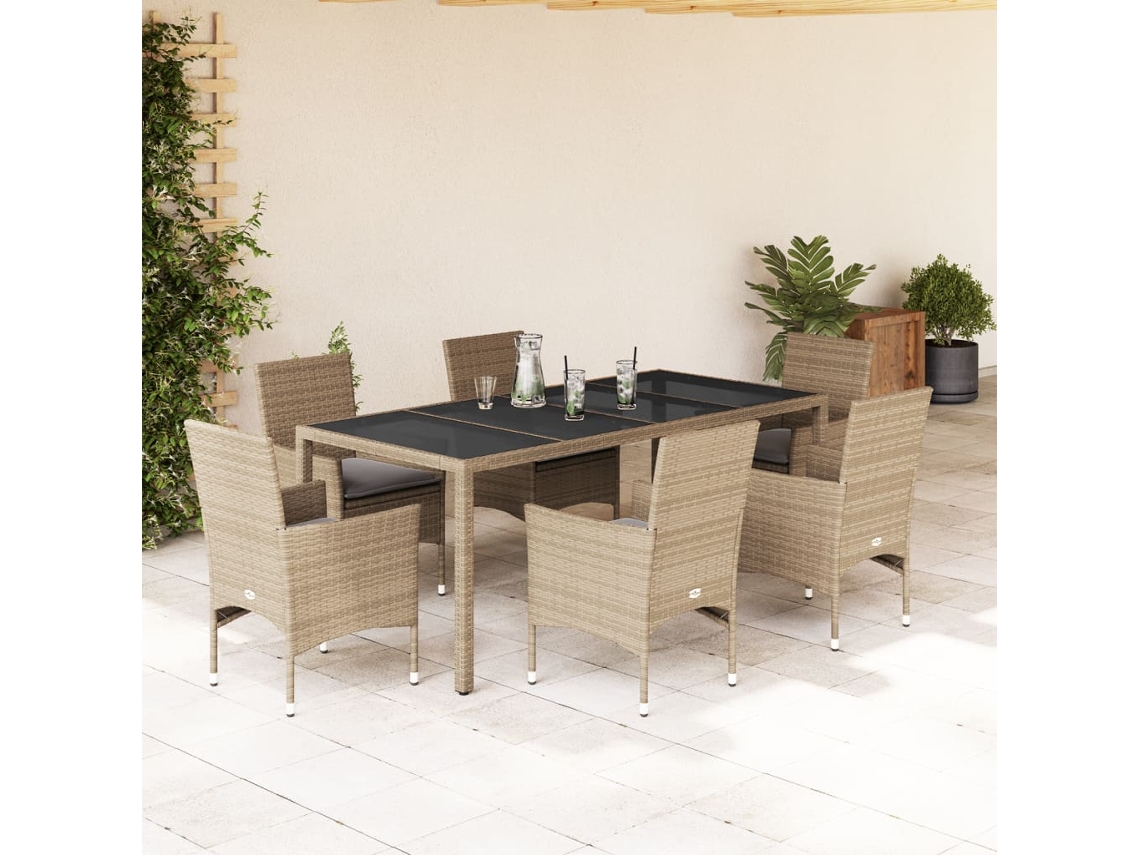 Vidaxl 7 Pcs Conjunto Jantar Jardim Com Almofadões Vime Pe/vidro Bege