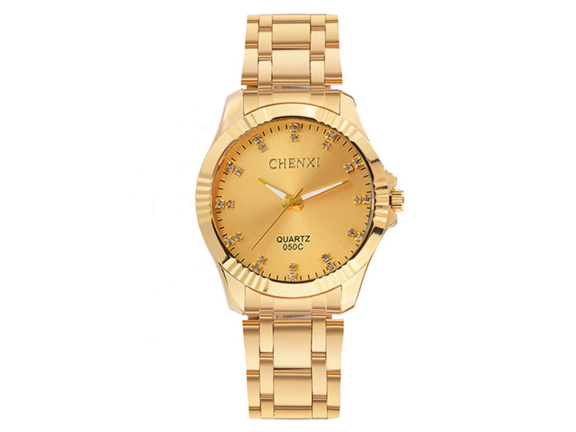 Relógio de pulso masculino casual e elegante em aço inoxidável, à prova d'água, com movimento de quartzo (mostrador dourado)