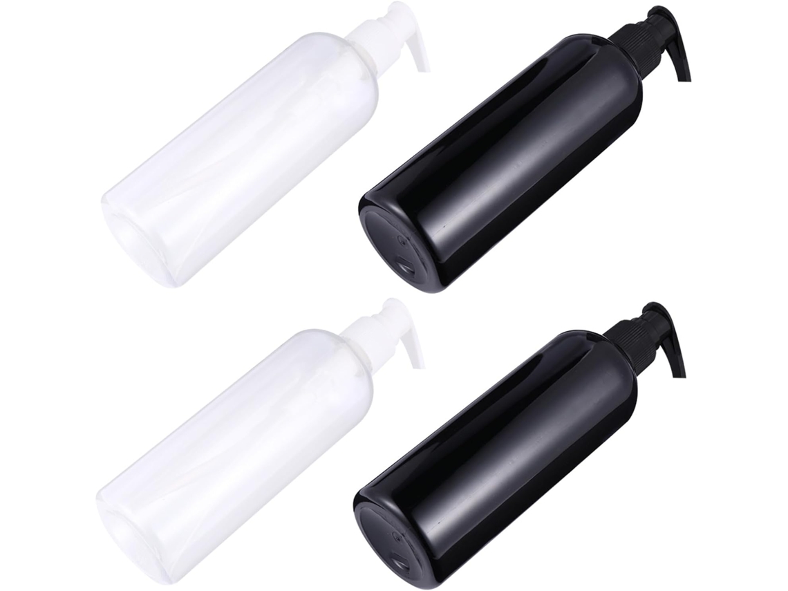 Conjunto de 4 frascos com bomba dosadora de 300ml para loção e xampu, em PET e PP.