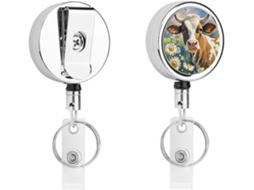 Porta Crachá Decorativo Retrátil Compacto E Leve Em Metal Com Estampa De Vaca E Margarida Em Aquarela, Com Clipe E