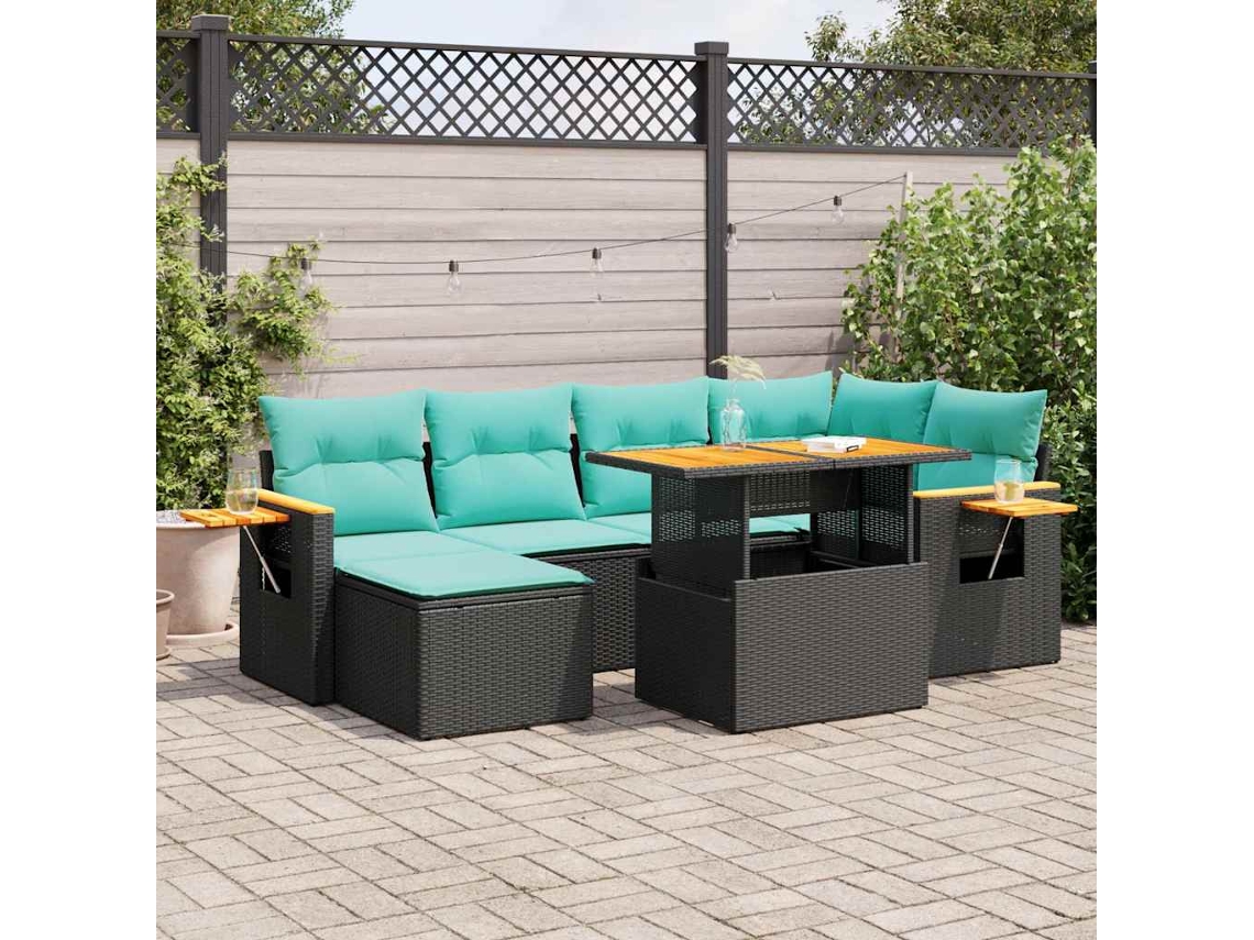 Vidaxl 7 Pcs Conj. Sofás Jardim C/ Almofadões Vime Pe/acácia Castanho