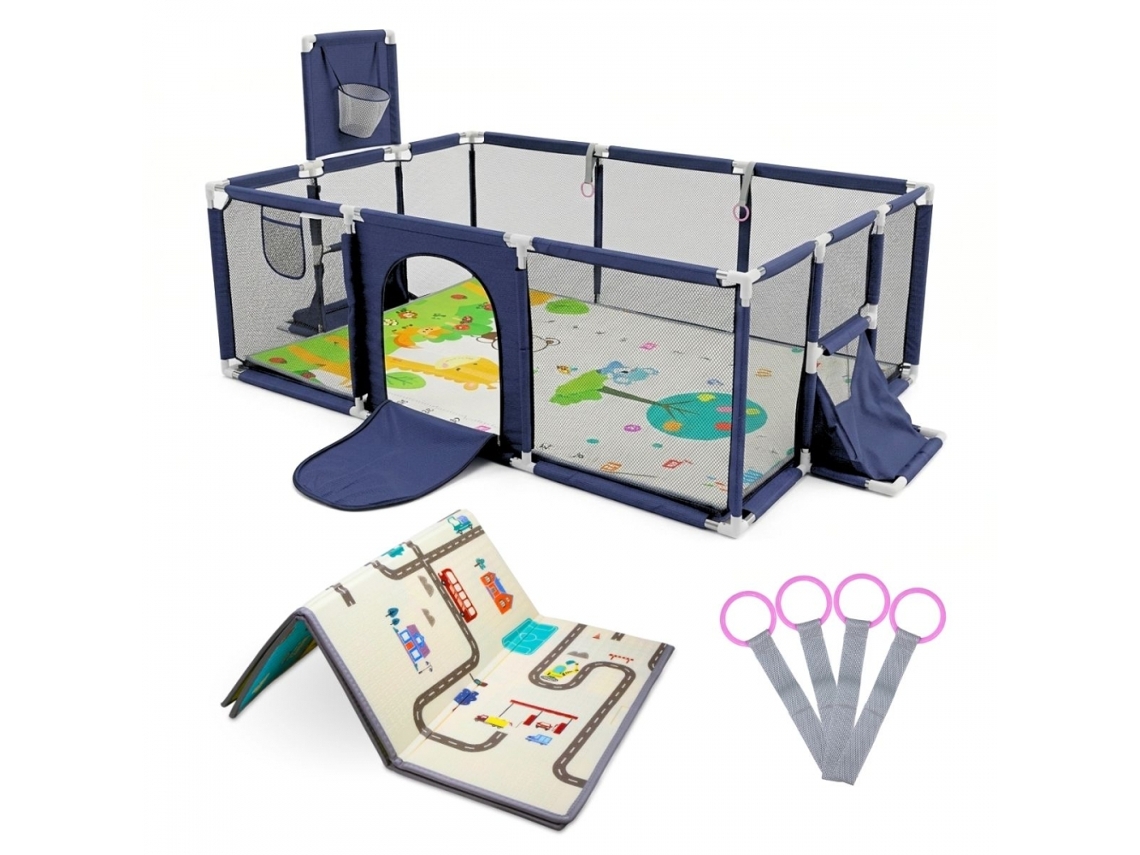 Parque infantil Mobiclinic Cercadinho Tapete 128 x 233 cm Aros Cesto e rede de futebol Saco de transporte azul Portas e cestos Kidland