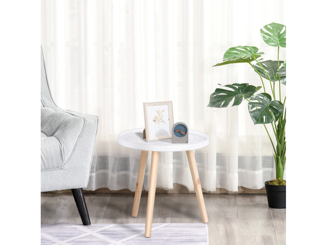 Mesa De Centro Redonda Com Borda Elevada De Madeira, Φ40x40,5cm - Branca E Dourada