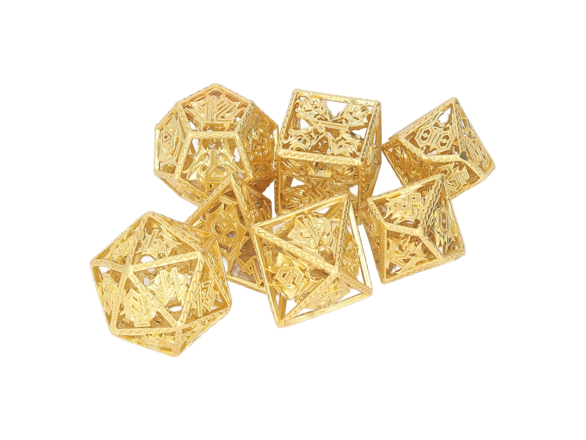 Walshlxq 7pcs Dados Huecos de Cobre Poliédricos Pulidos a Mano Con Patrones Exquisitos para Juegos de Rol Y Mesa