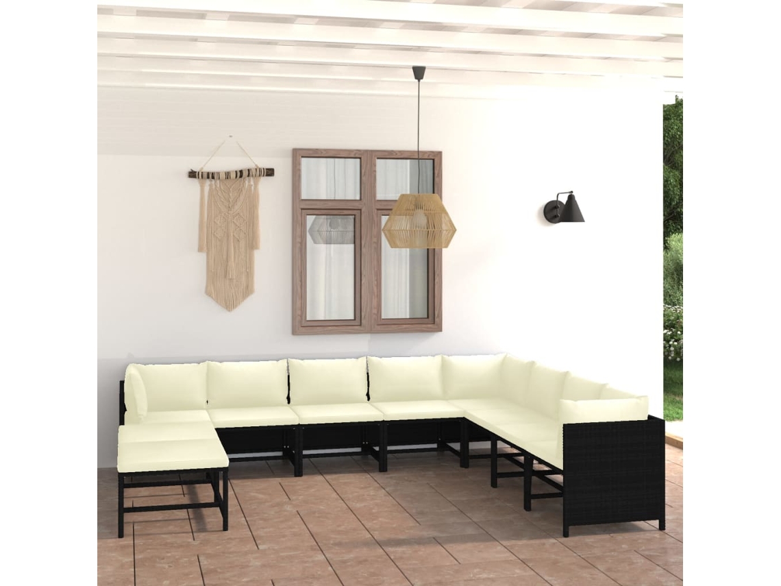 Vidaxl 11 Pcs Conjunto Lounge De Jardim C/ Almofadões Vime Pe Preto