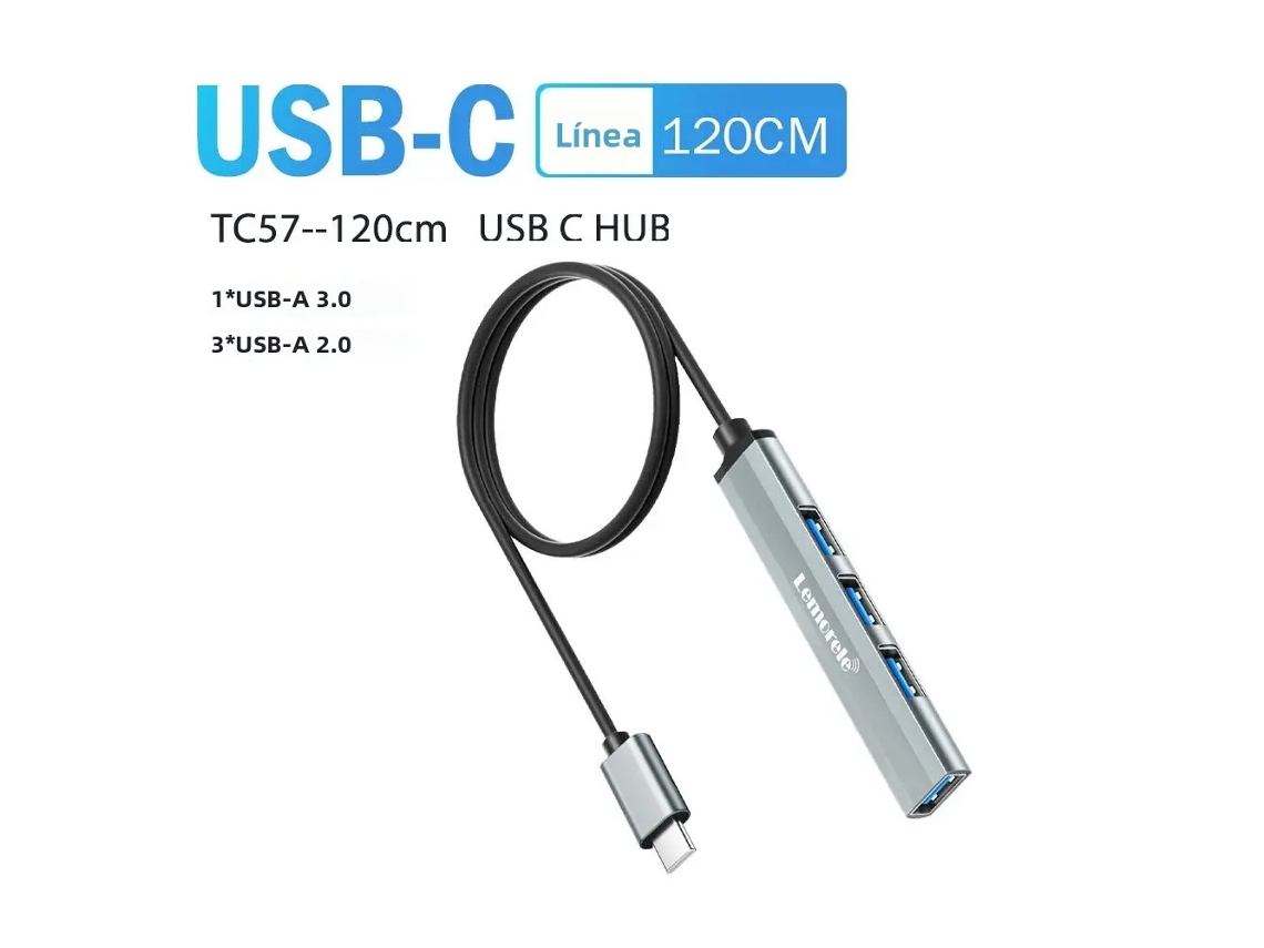 Hub Usb-c (120 Cm) Com Cabo Otg Longo E 4 Portas Type-c.