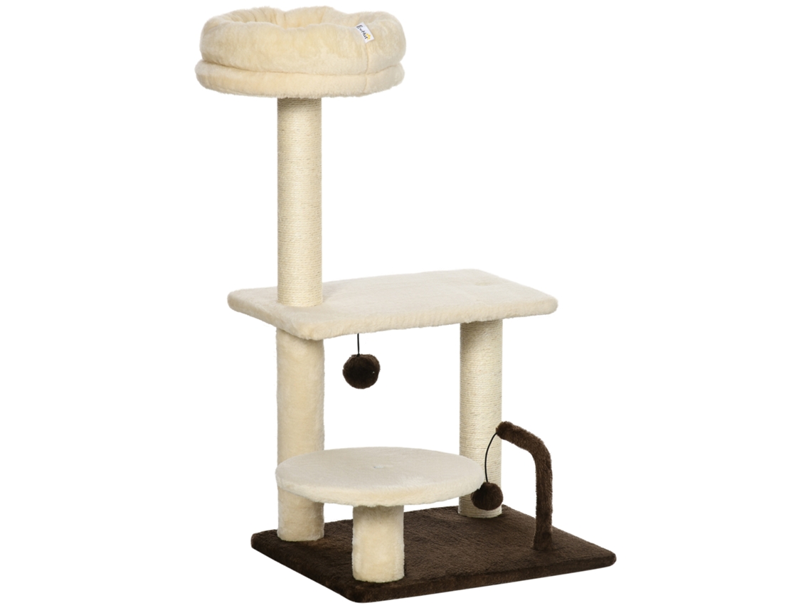 Árvore De Bege Arranhar Gatos Com Poste Sisal, Poleiro E Bolas Brincar, Aglomerado Brinquedos Pelúcia, 44x38x81 Cm,