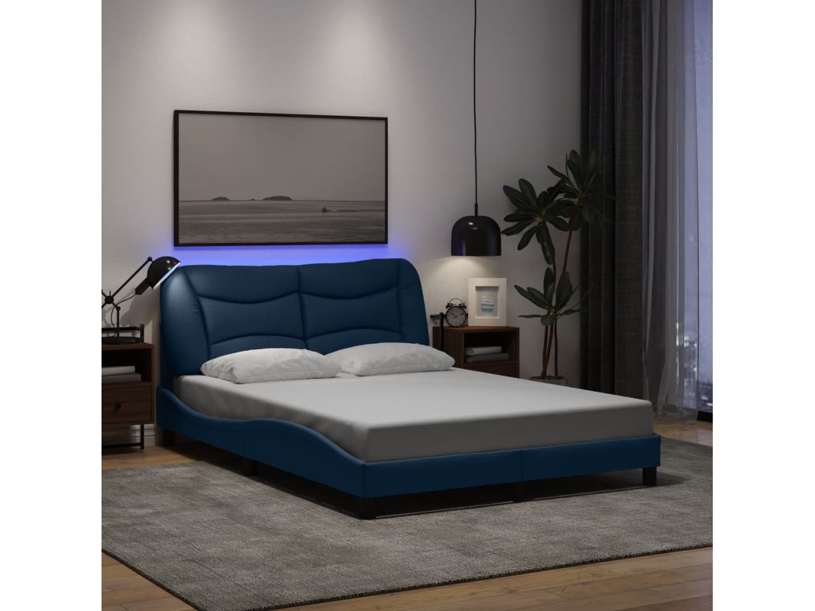 Estrutura De Cama Com Led Sem Colchão 140x190 Cm Tecido Azul