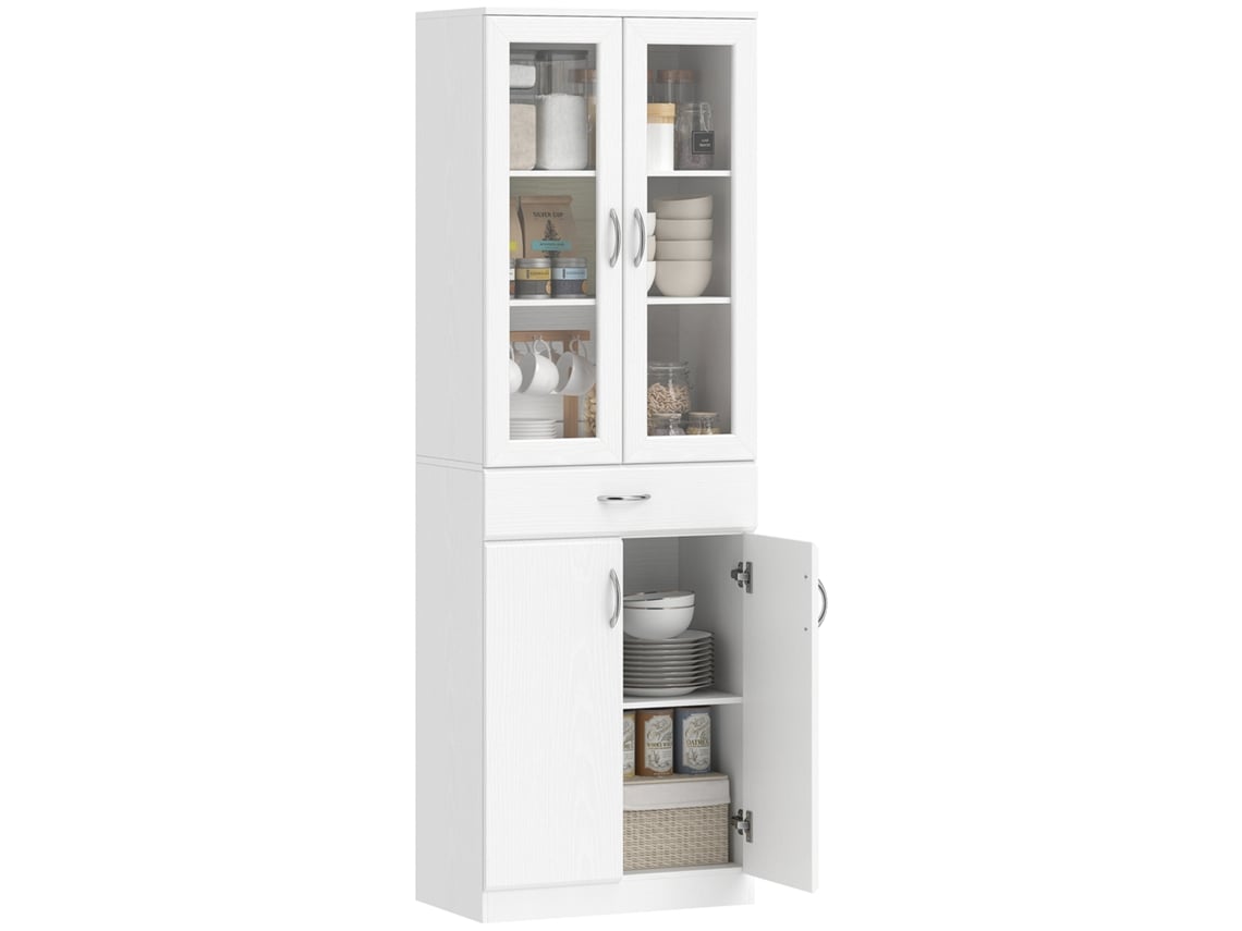 Despensa de Cozinha Portas Vidro com Gavetas Ajustáveisprateleiras para Sala Jantar Estar 60x35x180 Cm Cor Branca