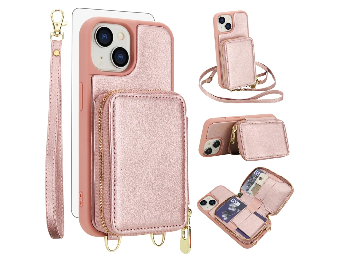 Capa Carteira Para Celular Em Couro Pu+tpu Com Protetor De Tela Para Iphone 15 (6,1 Polegadas) - Ouro Rosa