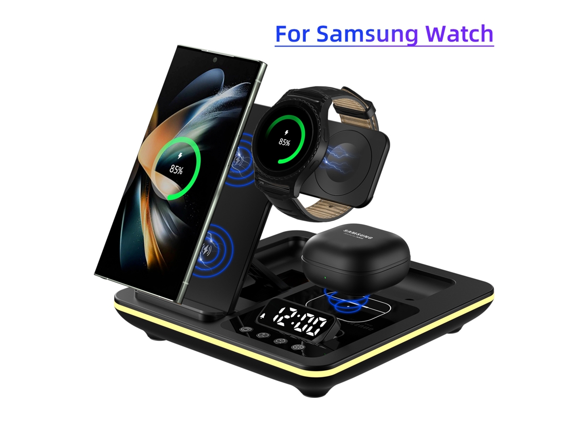 Suporte de Secretária SFUSHOS para Telemóvel com Carregador Sem Fios Multifunções Dobrável 3 em 1 (versão Samsung, Cor Preta)
