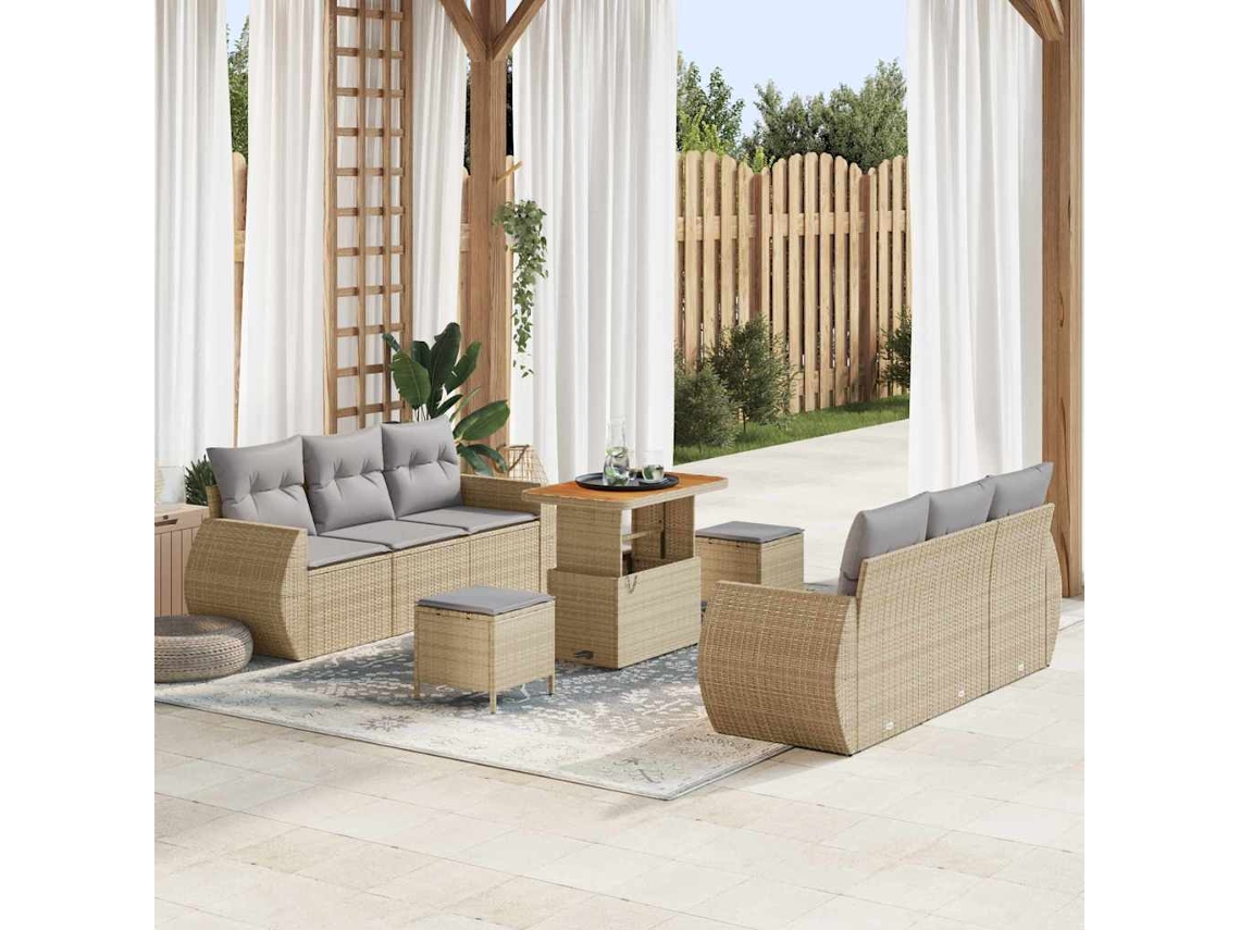 Vidaxl Conjunto De Sofá De Jardim Com Almofada 9 Pcs Bege Vime Pe